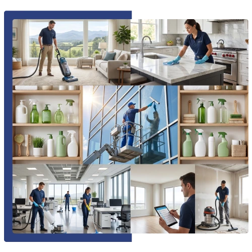 Professional cleaning services collage showing residential and commercial cleaning tasks including home cleaning, window cleaning, carpet cleaning, kitchen deep cleaning, move-in and move-out cleaning, and post-construction cleanup in a bright modern interior setting.