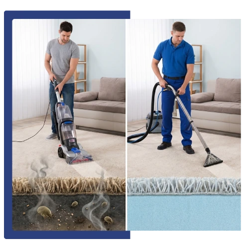A split-screen comparison showing the difference between surface carpet cleaning and deep carpet pad sanitization in a modern Mountain View open floor plan apartment. The left side shows hidden dirt in the carpet pad, while the right side shows a professional technician sanitizing the pad using commercial extraction equipment.