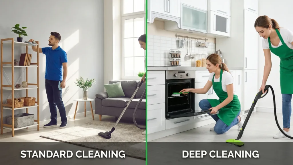 Visual comparison between standard house cleaning and deep house cleaning services.
