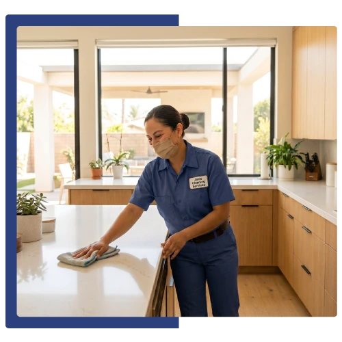 Professional house cleaner in Fremont CA wiping down kitchen countertop