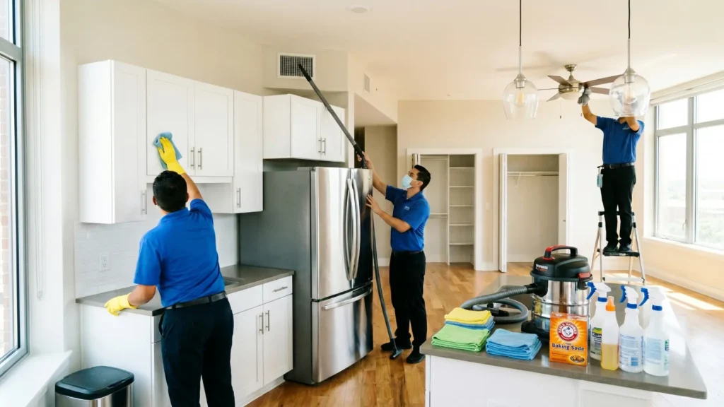 Professional cleaners deep cleaning an empty apartment before move-in, including cabinets, air vents, appliances, and ceiling fixtures.