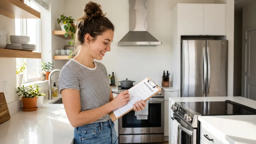 Tenant using a move-out cleaning checklist in a San Jose kitchen before returning keys