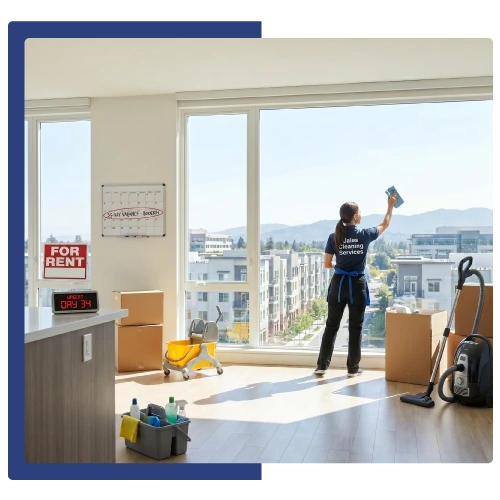 A professional cleaner prepares a bright Mountain View apartment for new tenants during vacancy cleanup.