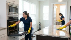 What is included in a deep house cleaning checklist being performed by professional cleaners in a modern home.