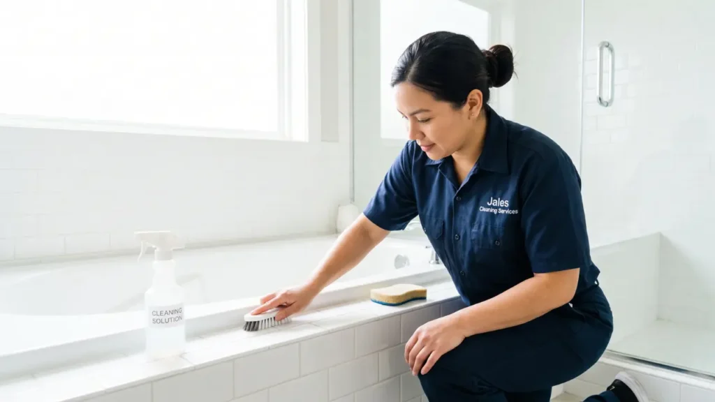 Scrubbing bathroom tub and grout lines as part of a deep cleaning checklist