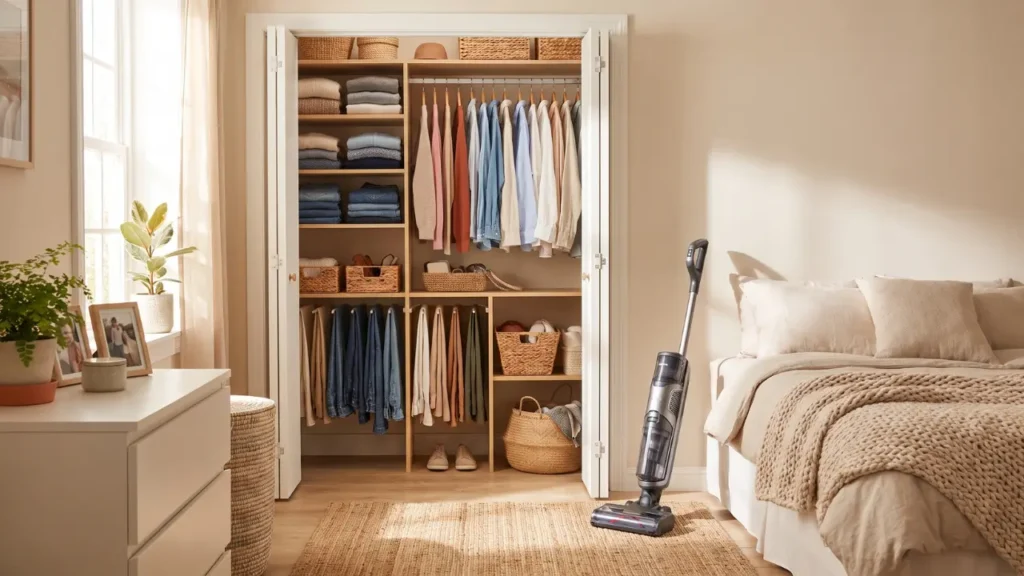 Organized closet and vacuumed bedroom floor after a room by room deep clean