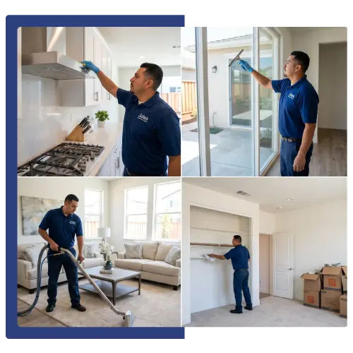 Professional cleaning services collage showing residential cleaning tasks including kitchen, window, carpet, and move-in/move-out cleaning in Santa Clara