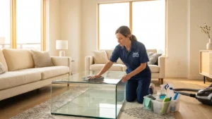 Woman deep cleaning a living room as part of a room by room house cleaning checklist