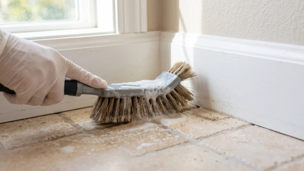 Deep cleaning grout and baseboard detail in a San Jose home