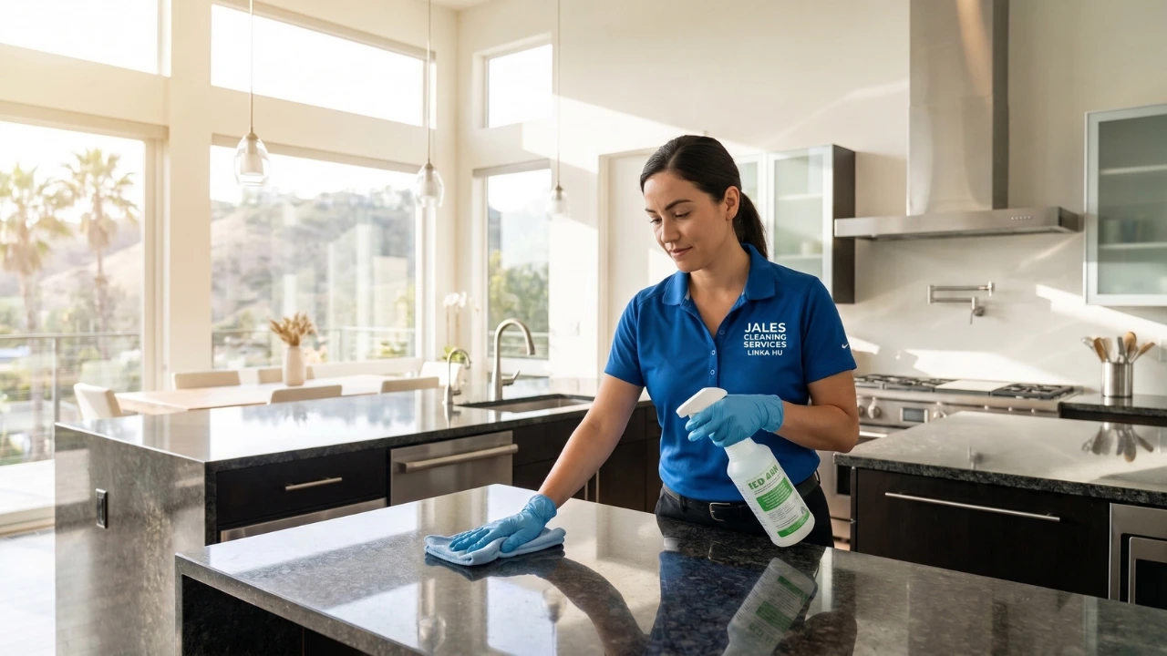 House cleaning services San Jose team member sanitizing kitchen countertop