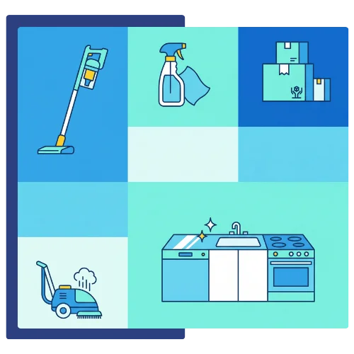 House cleaning services overview icons — vacuum, spray, kitchen, and floor care — Jales Cleaning Services