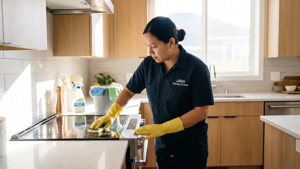 Deep cleaning a kitchen stovetop and countertop during a room by room cleaning routine