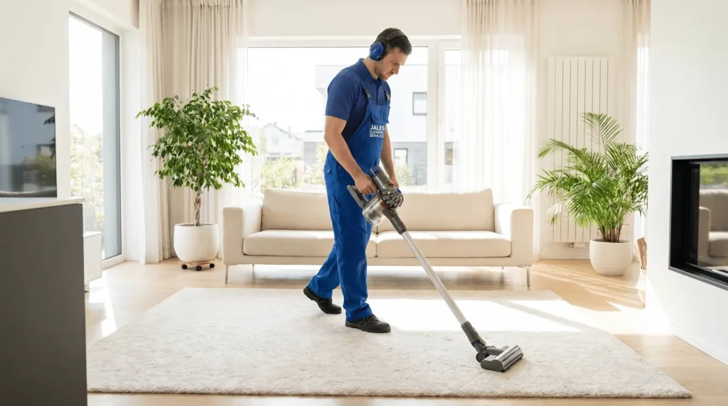 Jales Cleaning Services technician cleaning San Jose living room