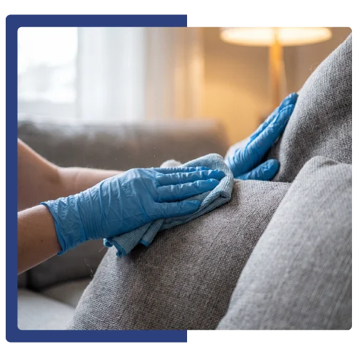 Cleaner wiping down couch fabric during deep cleaning service
