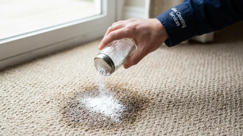 Baking soda sprinkled on carpet to remove spew smell and odor