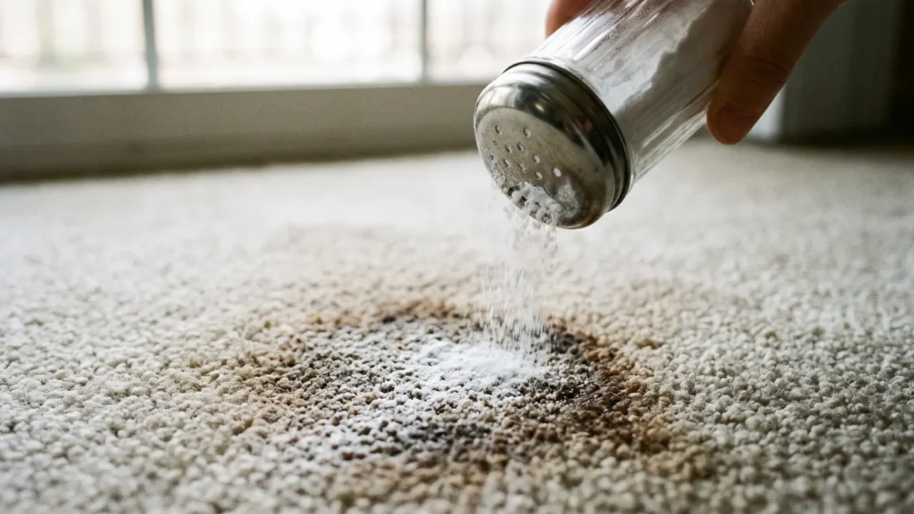 Baking soda sprinkled on carpet to remove vomit smell and odor