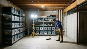 Basement cleaning in a San Jose home with organized storage and swept concrete floor