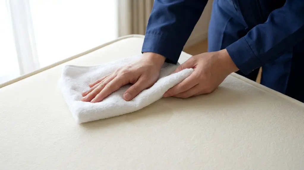 Blotting a blood stain on a mattress with a clean cloth