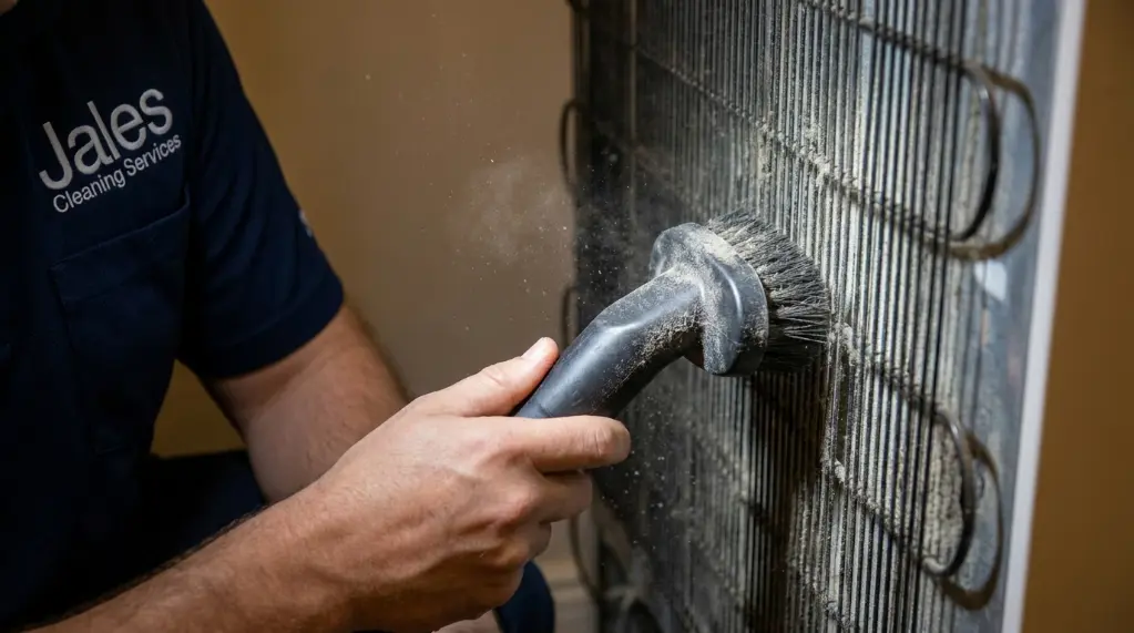 Vacuuming dust off refrigerator condenser coils