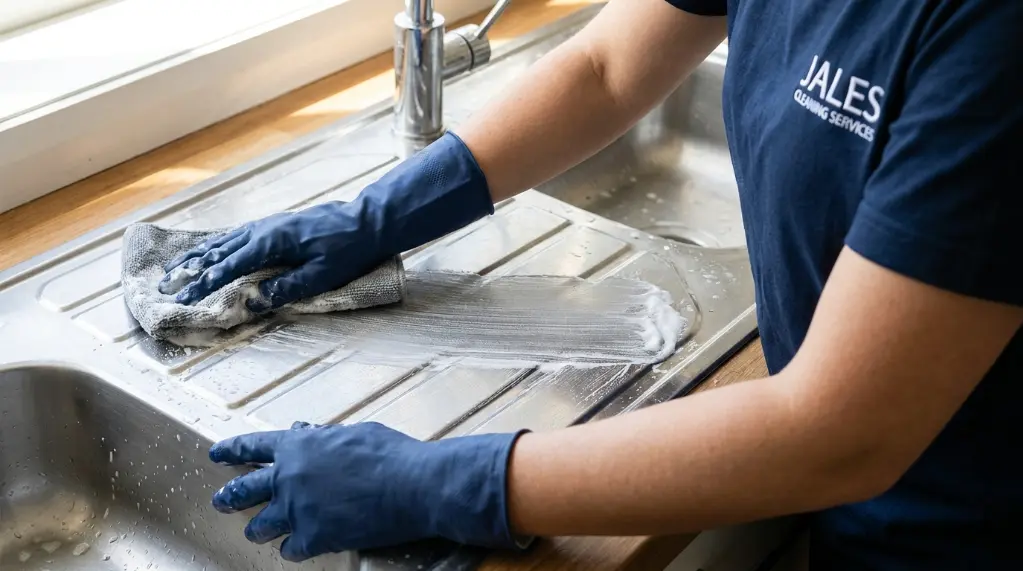 Cleaning a stainless steel sink with baking soda following the grain