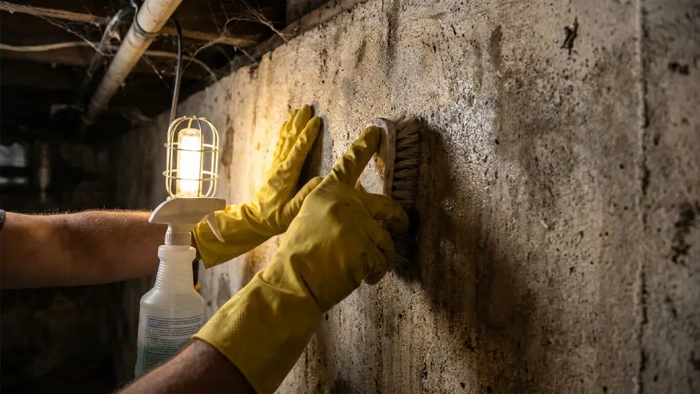 Cleaning mold and mildew off basement walls with gloves and a brush