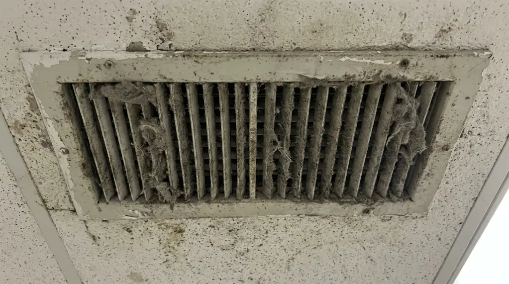 Construction dust buildup in an HVAC vent before professional cleaning