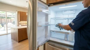 Deep clean refrigerator interior being wiped down in a San Jose kitchen