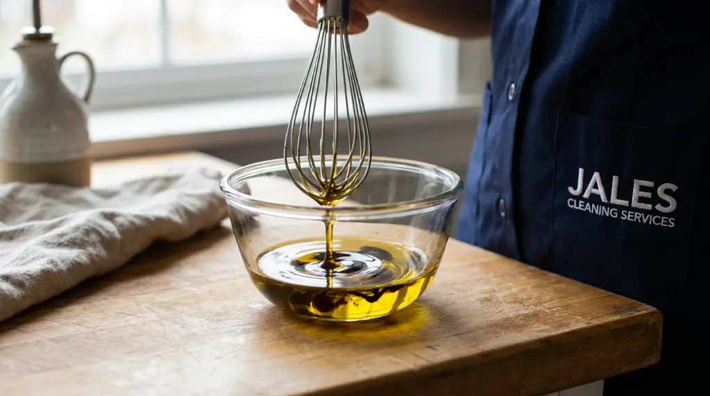 Homemade leather cleaner recipe mixing vinegar and olive oil