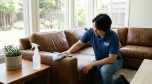 DIY leather cleaner being applied to a leather sofa in a San Jose home