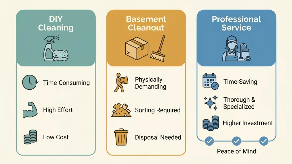 Comparison of DIY basement cleaning versus a professional basement cleaning service