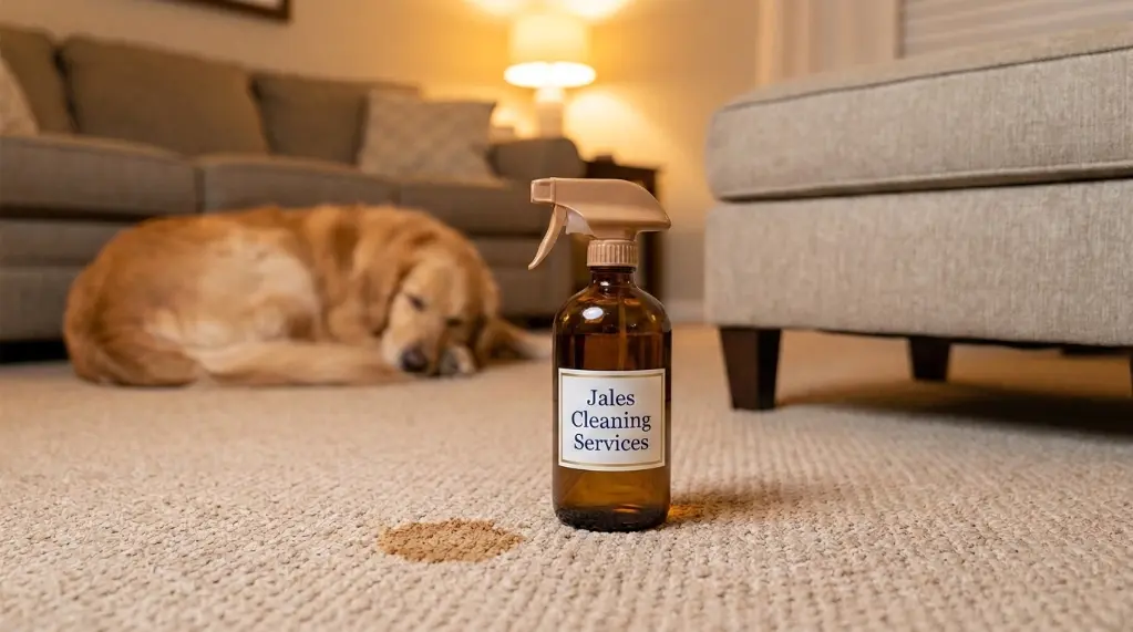 Enzymatic cleaner used to remove dog spew stain and odor from carpet