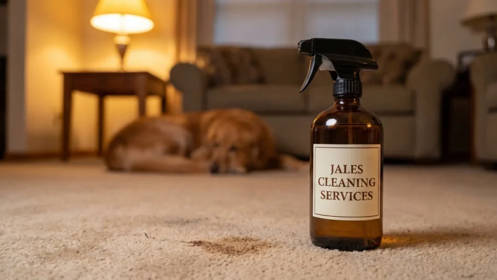 Enzymatic cleaner used to remove dog vomit stain and odor from carpet