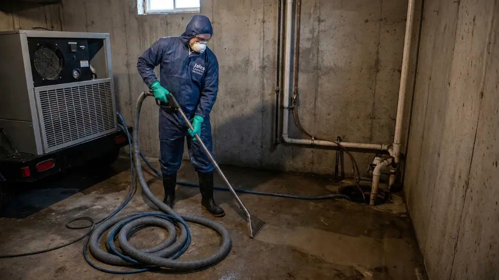 Water damage restoration specialist extracting water from a flooded basement