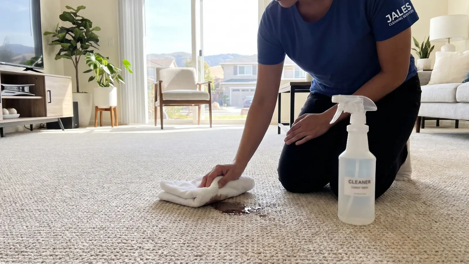 How do you clean vomit from carpet — blotting a fresh stain in a San Jose home