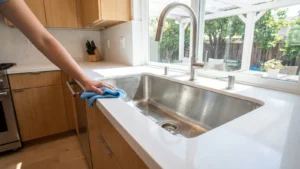 How to clean kitchen sink — wiping a stainless steel sink in a San Jose kitchen