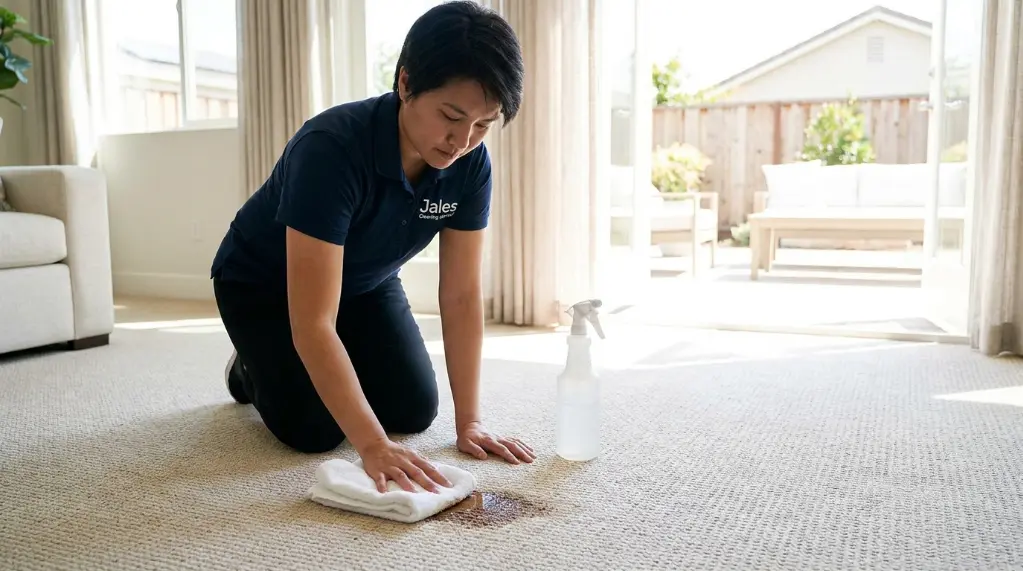 How to clean spew out of carpet, blotting a fresh stain in a San Jose home