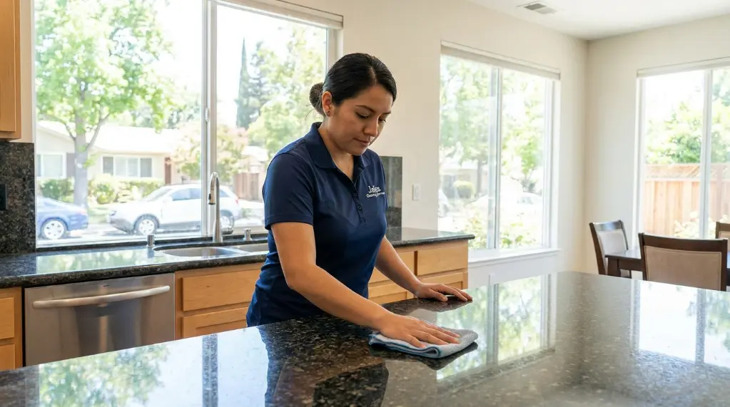 Jales Cleaning Services technician cleaning granite countertops in San Jose