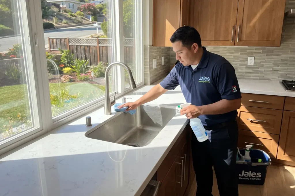 Jales Cleaning Services technician cleaning a kitchen sink in San Jose