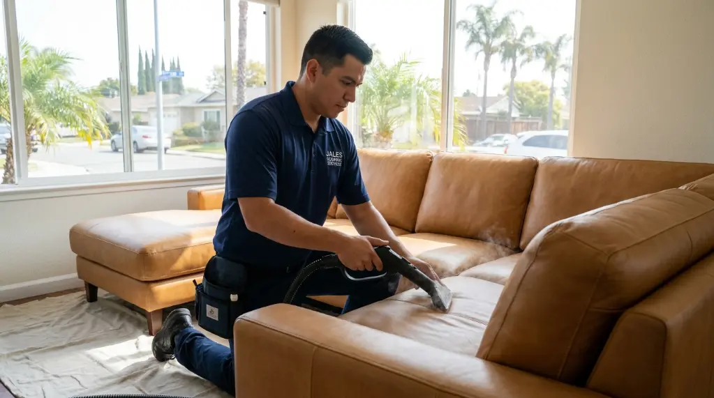 Jales Cleaning Services technician cleaning leather furniture in San Jose