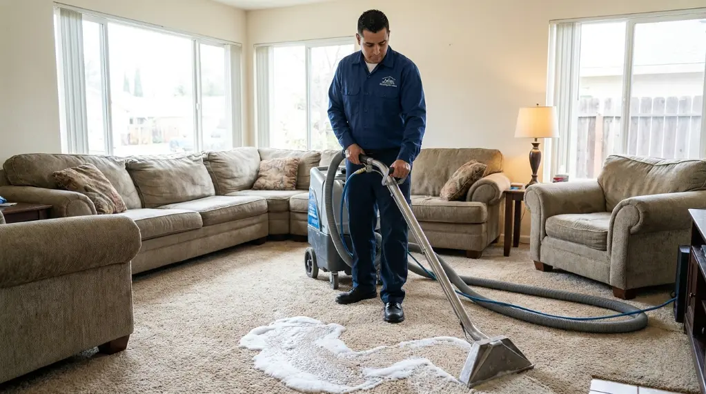 Jales Cleaning Services technician professionally cleaning carpet in San Jose