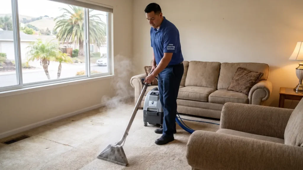 Jales Cleaning Services technician professionally cleaning carpet in San Jose