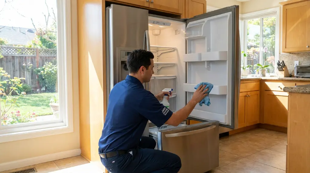 Jales Cleaning Services technician deep cleaning a refrigerator in San Jose
