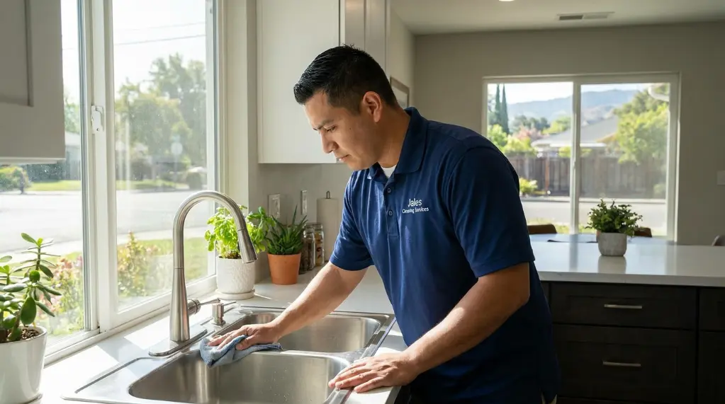 Jales Cleaning Services technician cleaning a kitchen sink in San Jose