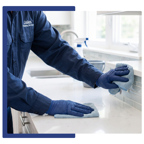 Cleaner wiping kitchen countertop during house cleaning in Union City