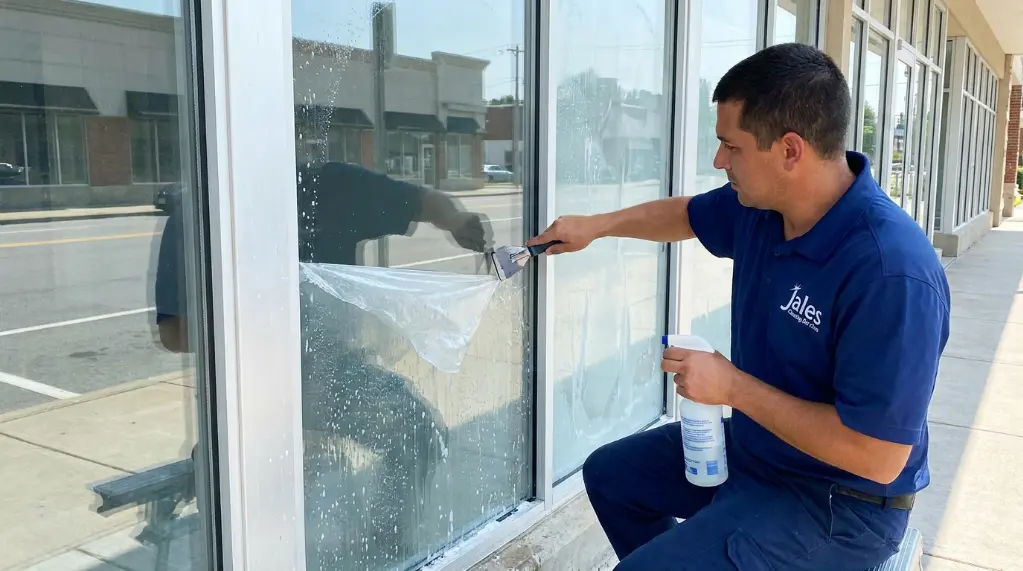 ost construction window cleaning on a commercial storefront