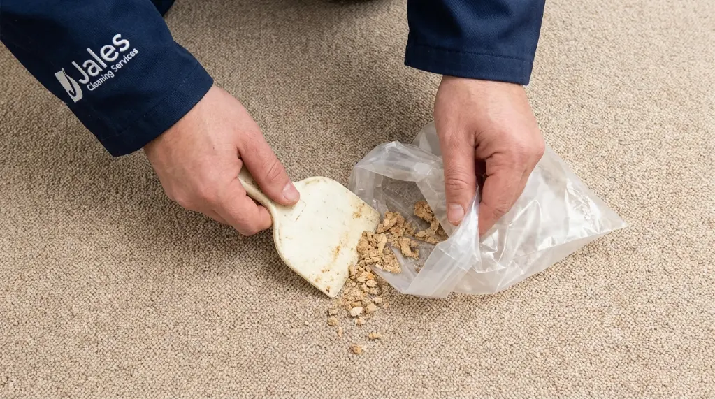 Scraping solid residue off carpet as the first step to clean spew out of carpet