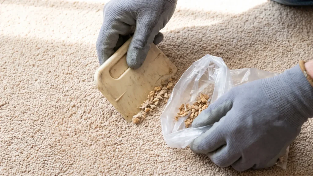Scraping solid residue off carpet as the first step to clean vomit from carpet