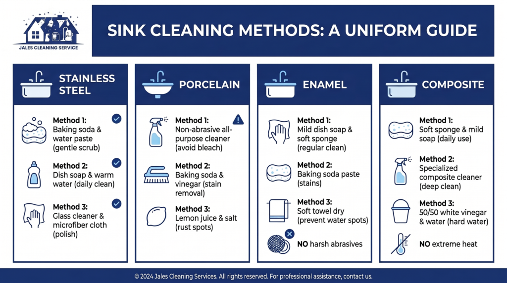 Comparison of cleaning methods for different sink materials