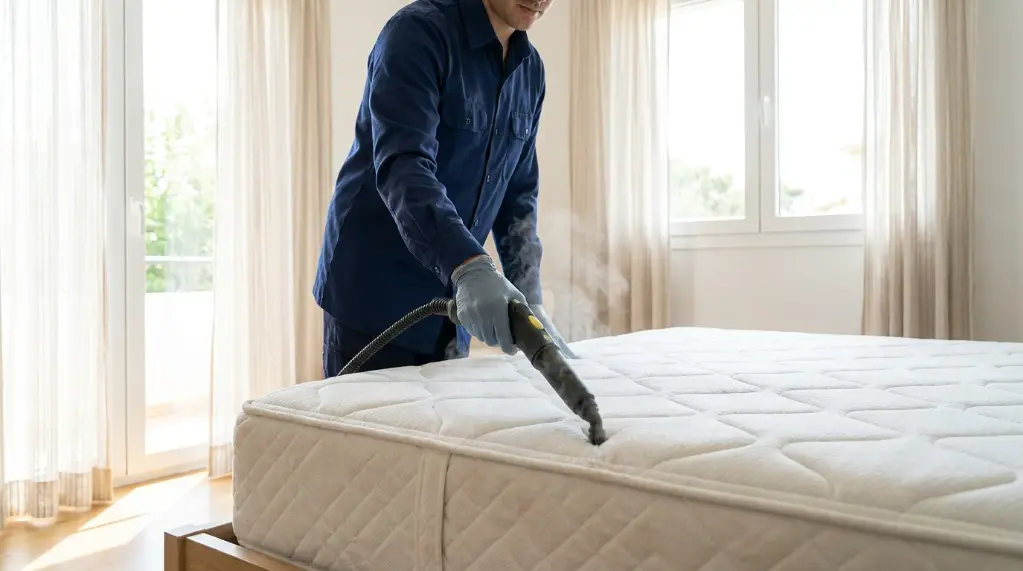 Steam cleaning a mattress seam to disinfect against bed bugs