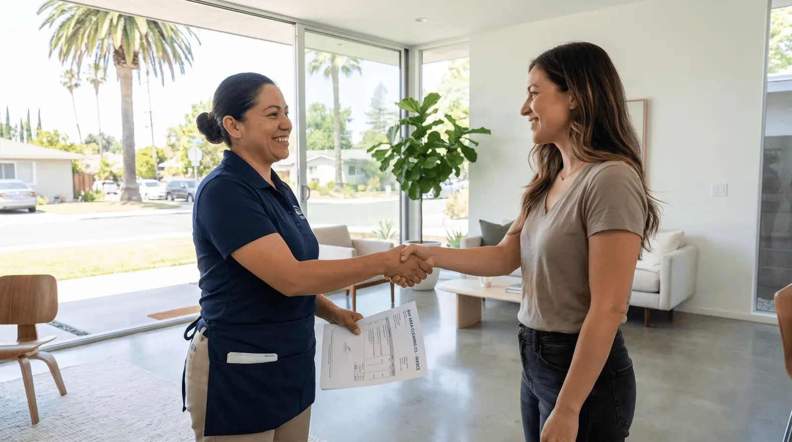House cleaner and homeowner discussing tip in San Jose home